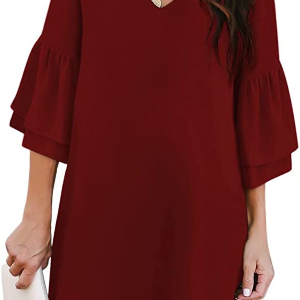 Wine Red Dress Sweet & Cute V-Neck Bell Sleeve Shift Dress Mini Dress